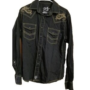 Rock 47 by Wrangler Men's Black Western Pearl Snap Shirt M Quilted Long Sleeve